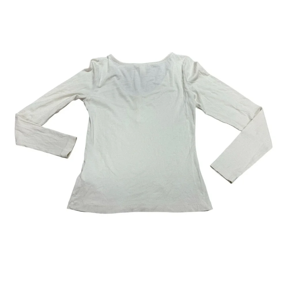 H&M Ribbed Long Sleeve Henley Top Women Large Cream Scoop Neck Basic - Picture 2 of 6